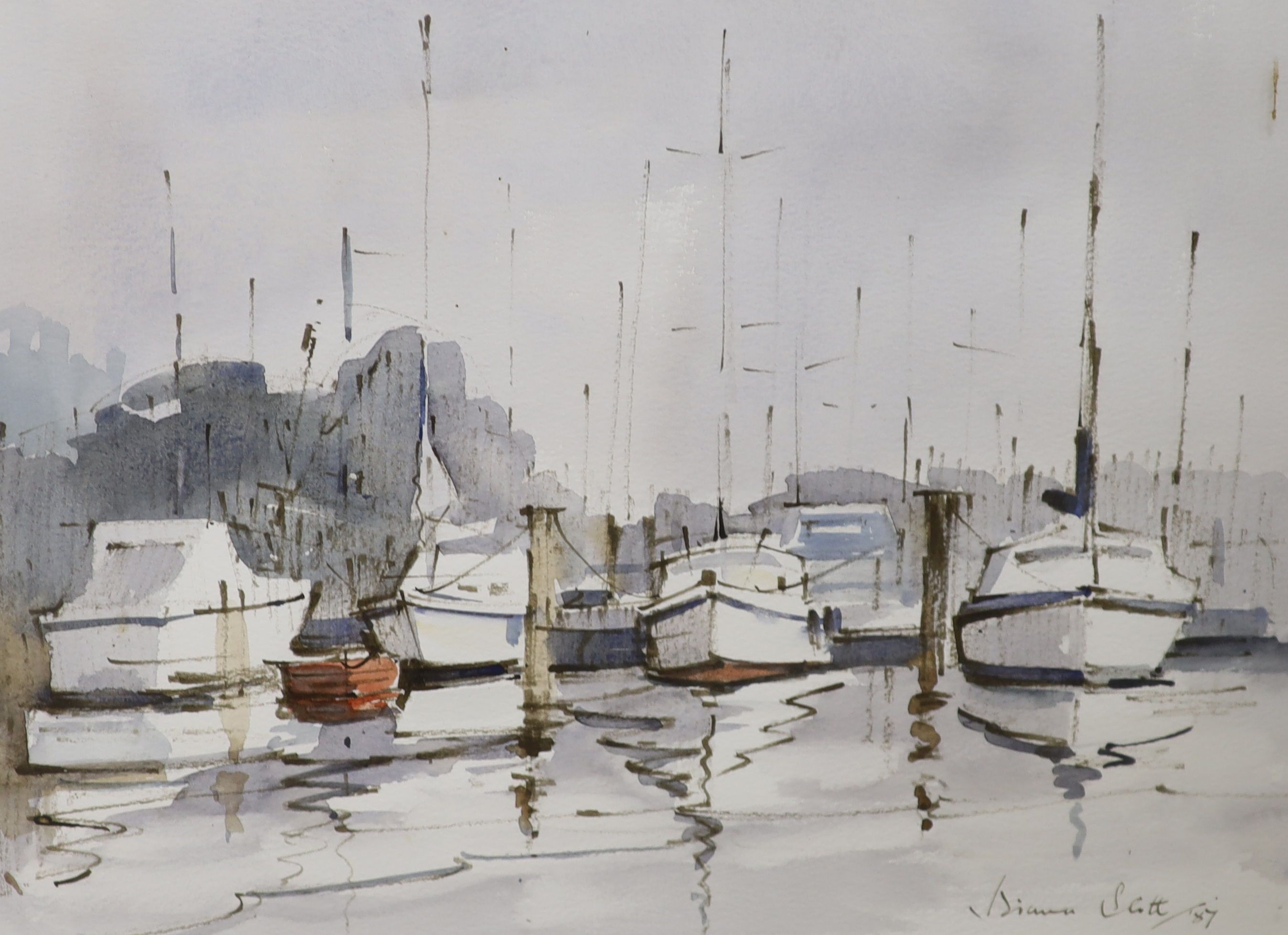 Diana Scott, watercolour, yachts in harbour, 28 x 38cm and a watercolour of Roses by M.Best, 33 x 40cm.
